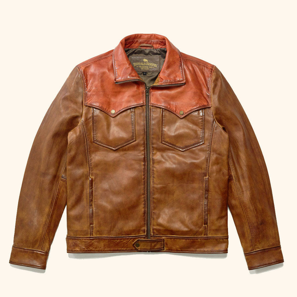 Buffalo jackson Brown leather jacket with a contrasting collar on a beige background