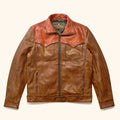 Buffalo jackson Brown leather jacket with a contrasting collar on a beige background