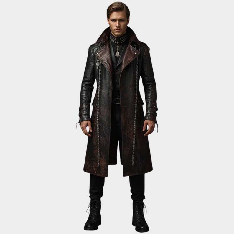 brown leather trench coat