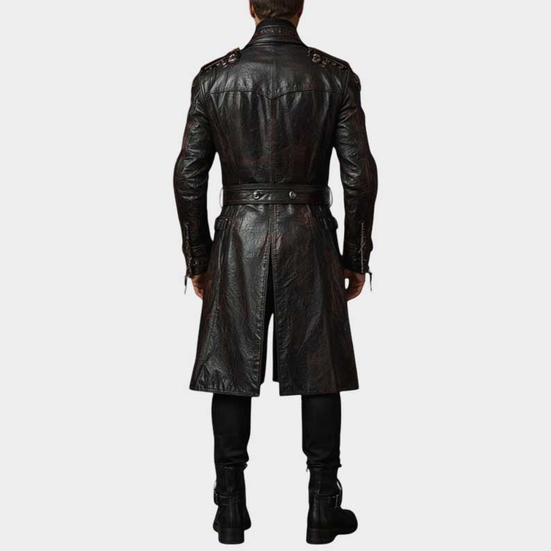 back view of brown leather trench coat