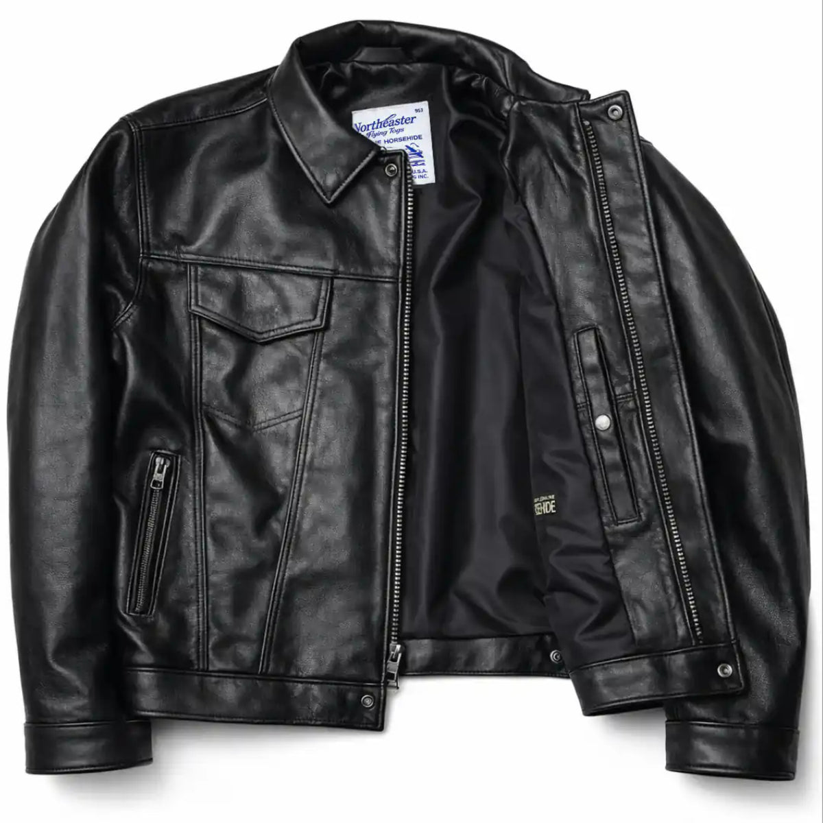 A black leather jacket with a zippered front, flap chest pockets, and zippered side pockets, shown against a plain white background.