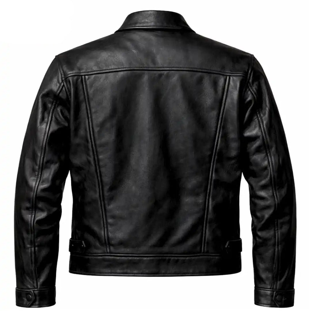 Black leather jacket shown from the back, featuring a classic collar, long sleeves, and a smooth textured finish on a plain white background.
