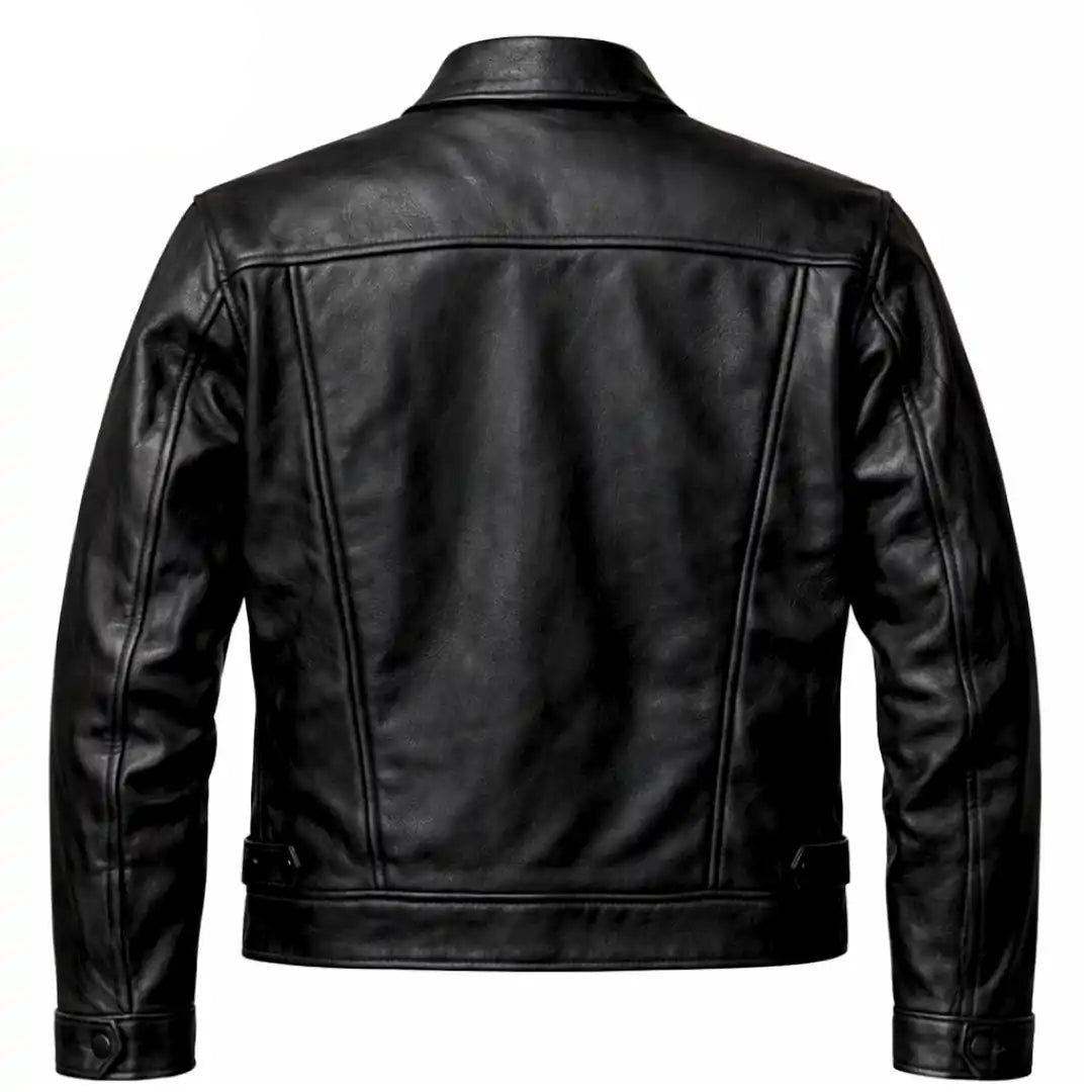 Black leather jacket shown from the back, featuring a classic collar, long sleeves, and a smooth textured finish on a plain white background.