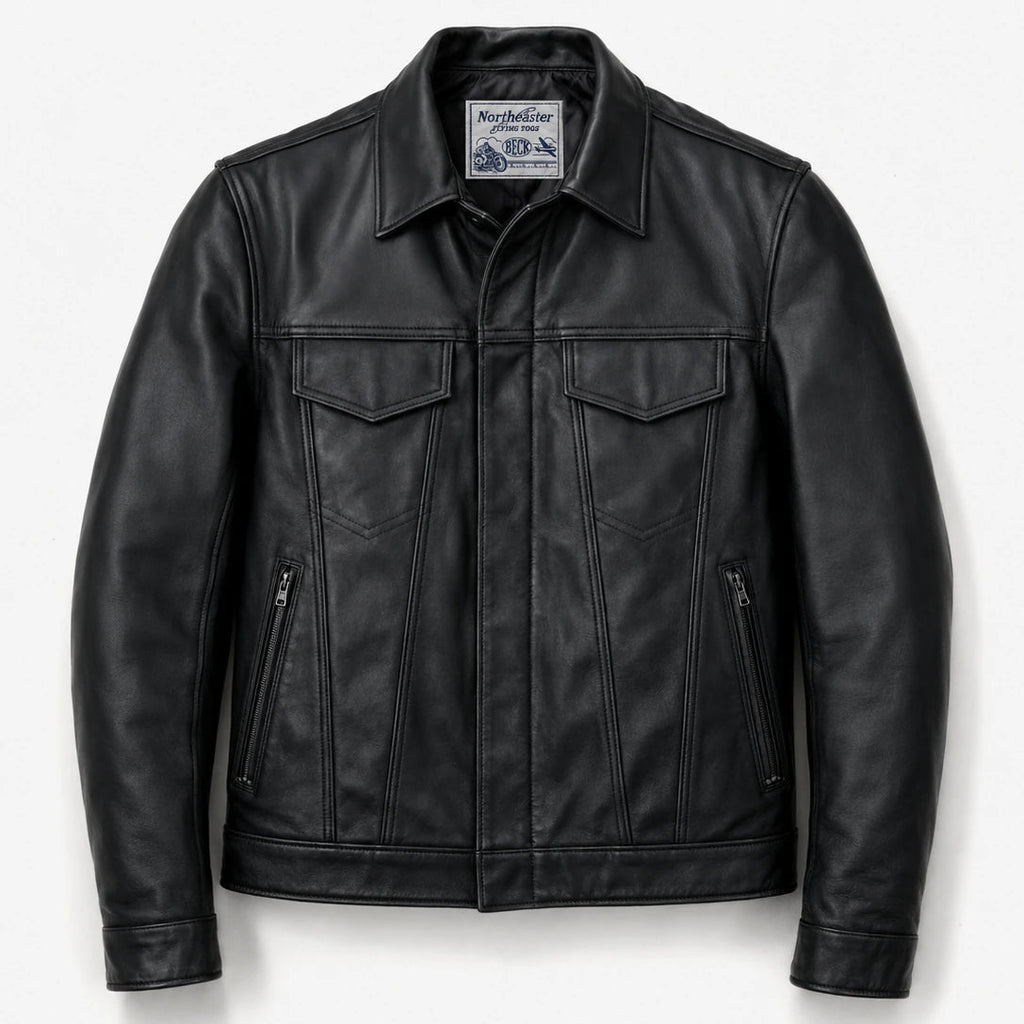 A black leather jacket with a pointed collar, zippered front, and two vertical chest pockets, shown against a plain white background.