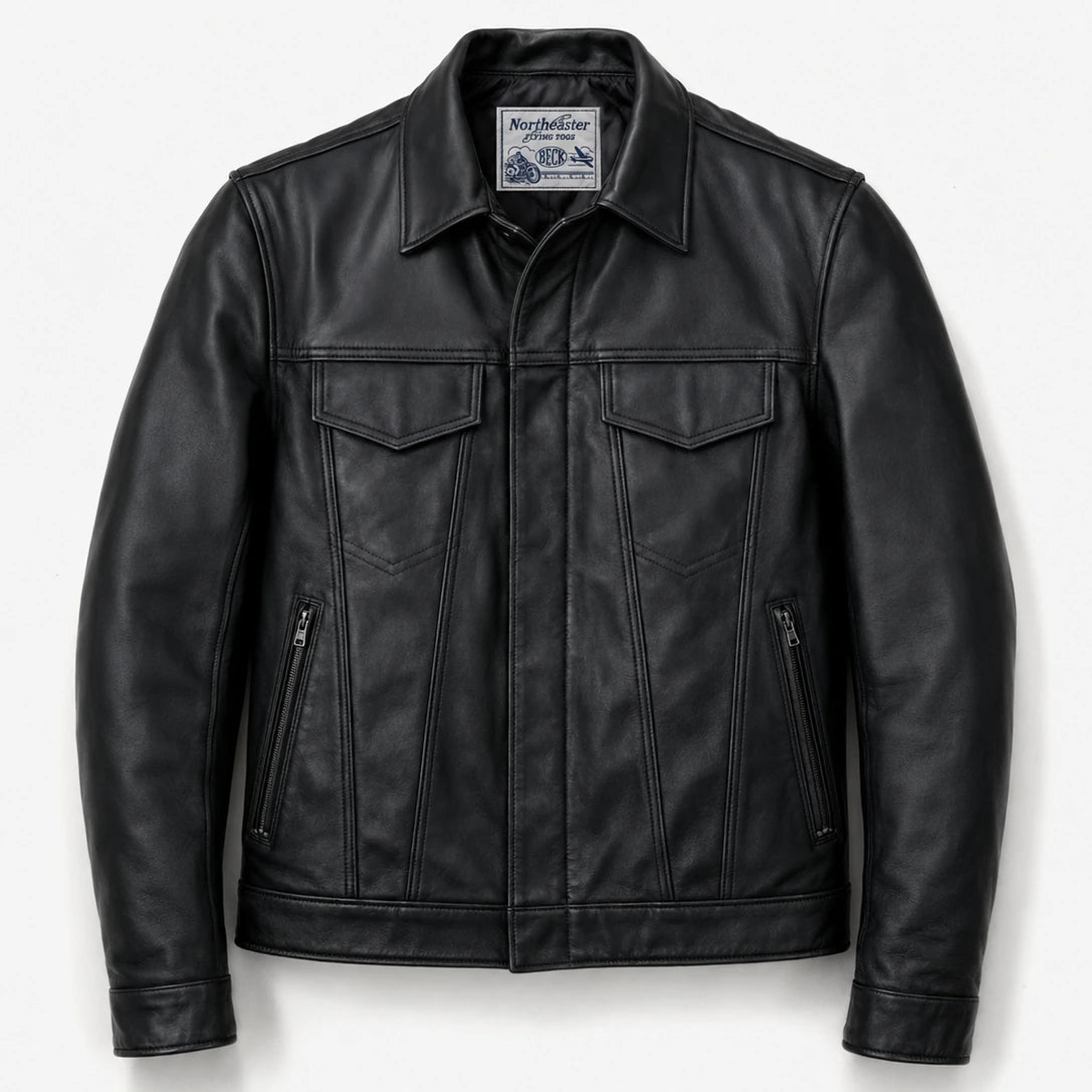 A black leather jacket with a pointed collar, zippered front, and two vertical chest pockets, shown against a plain white background.