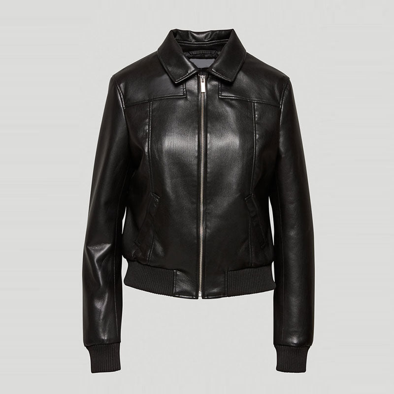 Black leather jacket on a light gray background