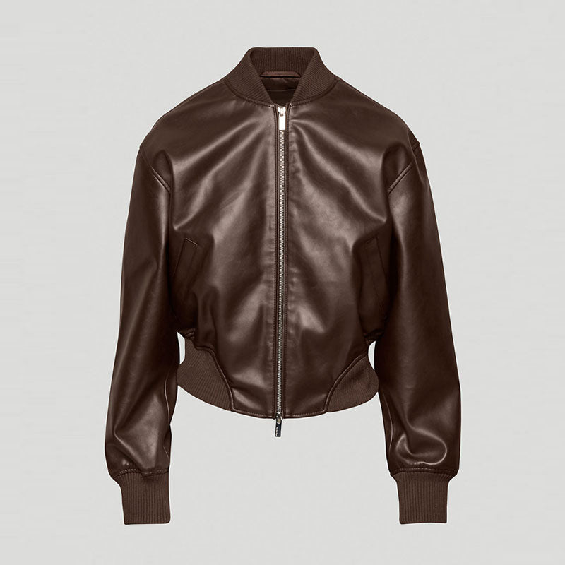 Brown leather bomber jacket on a light gray background