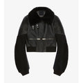 Black leather jacket with fur collar on a white background