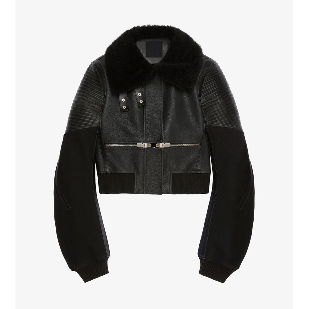 Black leather jacket with fur collar on a white background