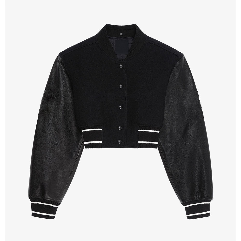 Black varsity jacket with leather sleeves on a white background