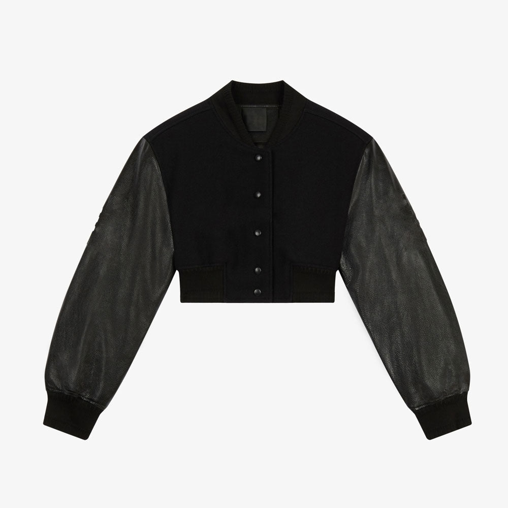 Black varsity jacket with leather sleeves on a white background