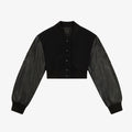Black varsity jacket with leather sleeves on a white background