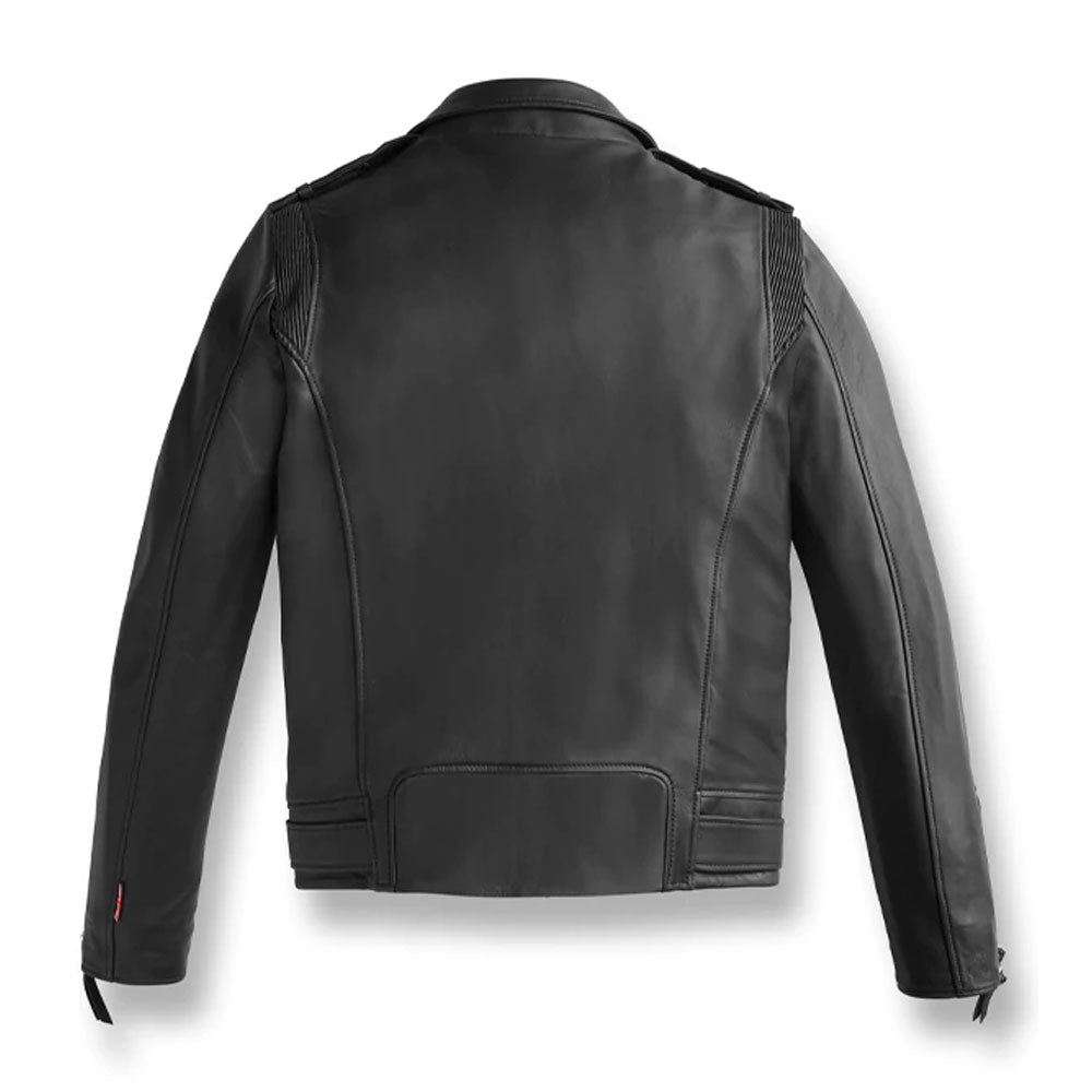 back view of black biker leather jacket