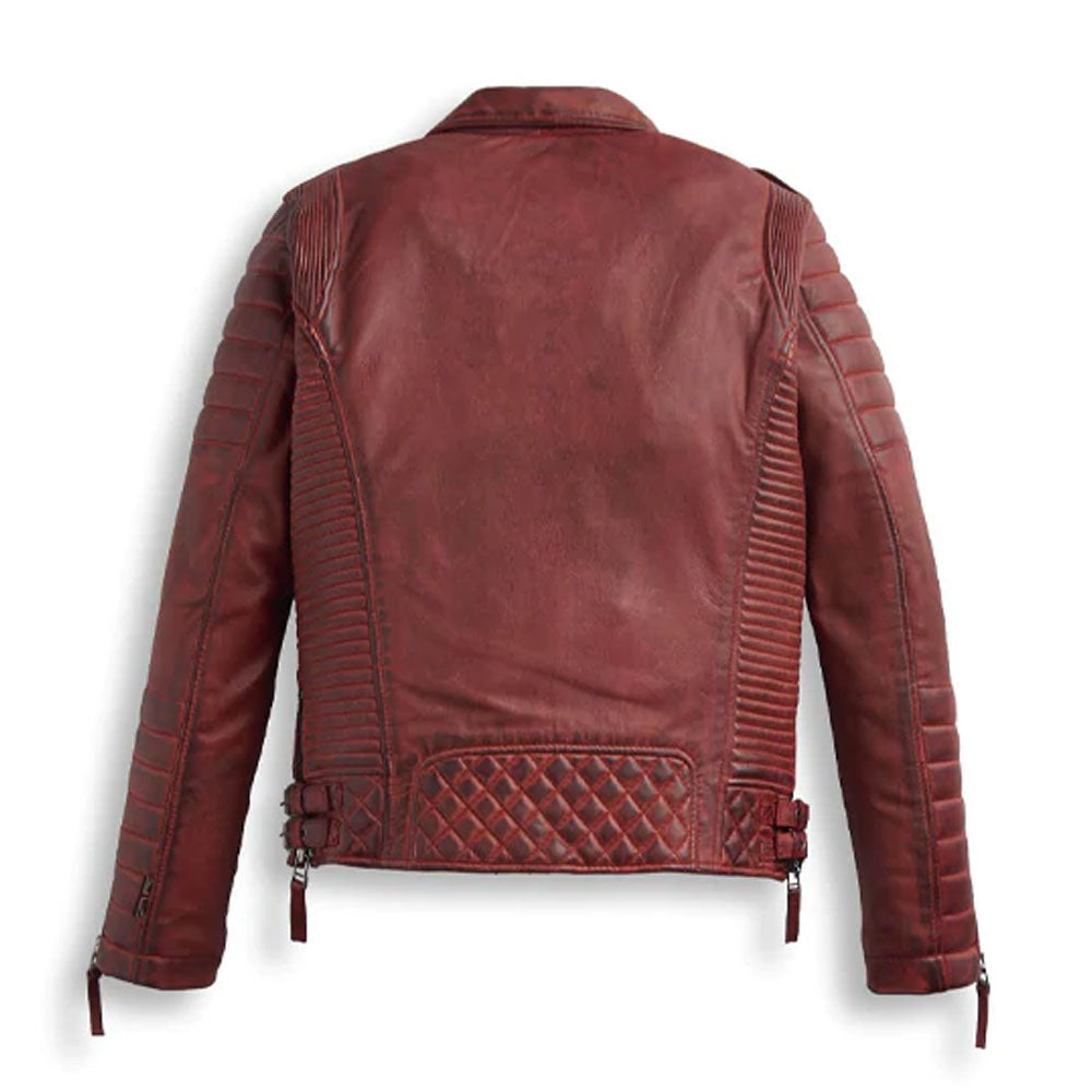 Brown leather jacket with quilted design on a white background