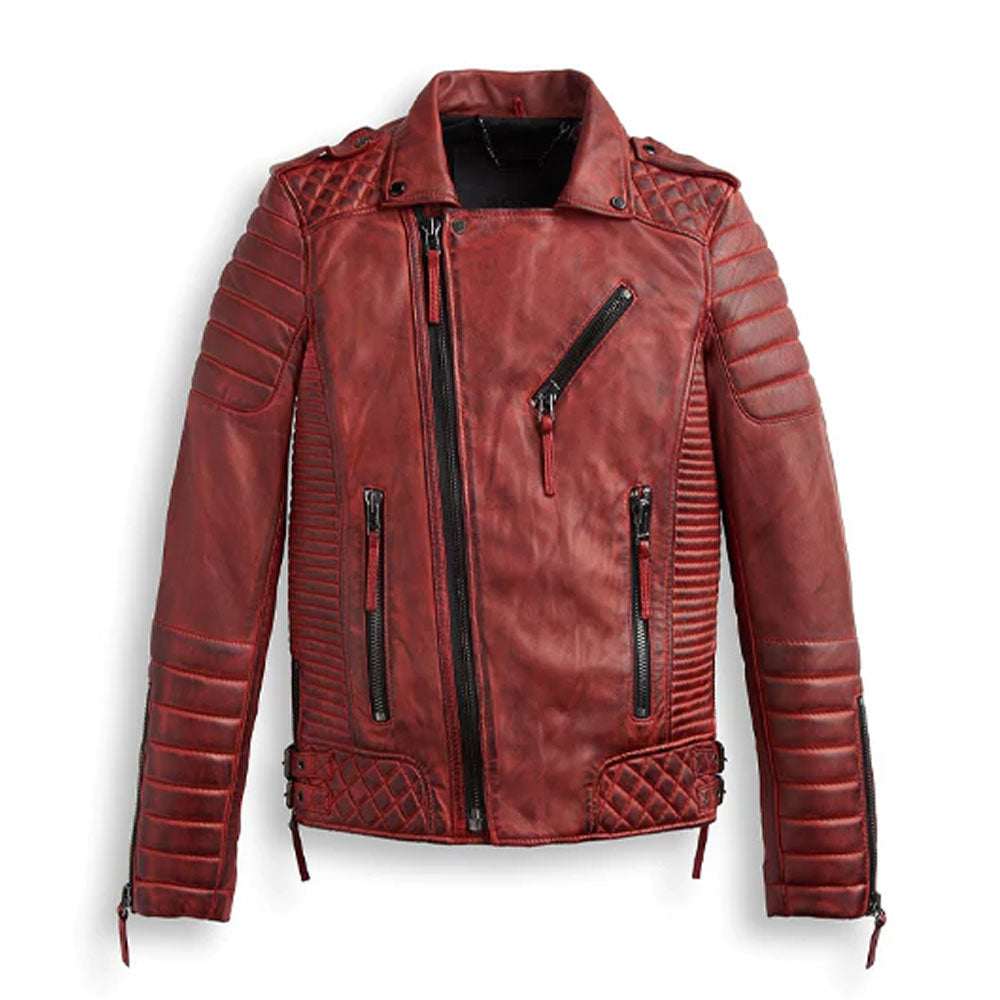 Red leather jacket with quilted patterns on a white background