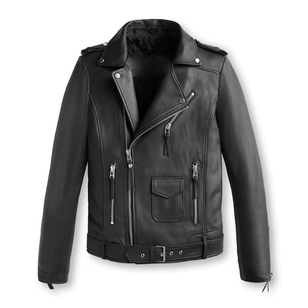 Black leather jacket with zippers on a white background