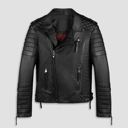 Black leather jacket with quilted details on a light gray background