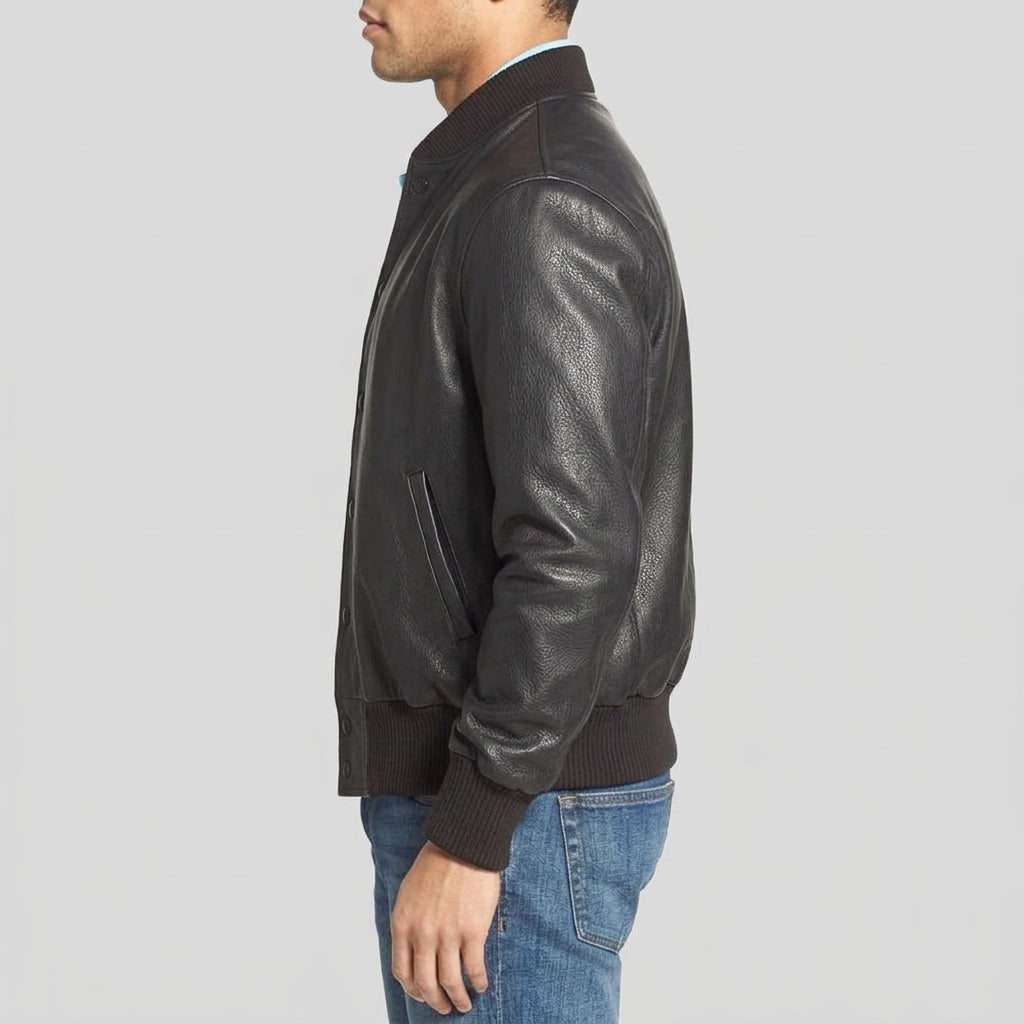 Side view showing the ribbed cuff and slanted pocket