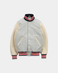 A varsity-style jacket with a light gray heathered body, beige sleeves, and black, red, and white striped ribbed trim on the collar, cuffs, and hem.