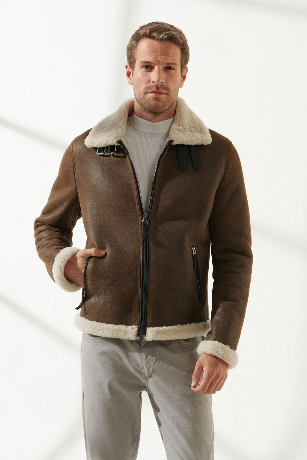 Men shearling leather jacket front view