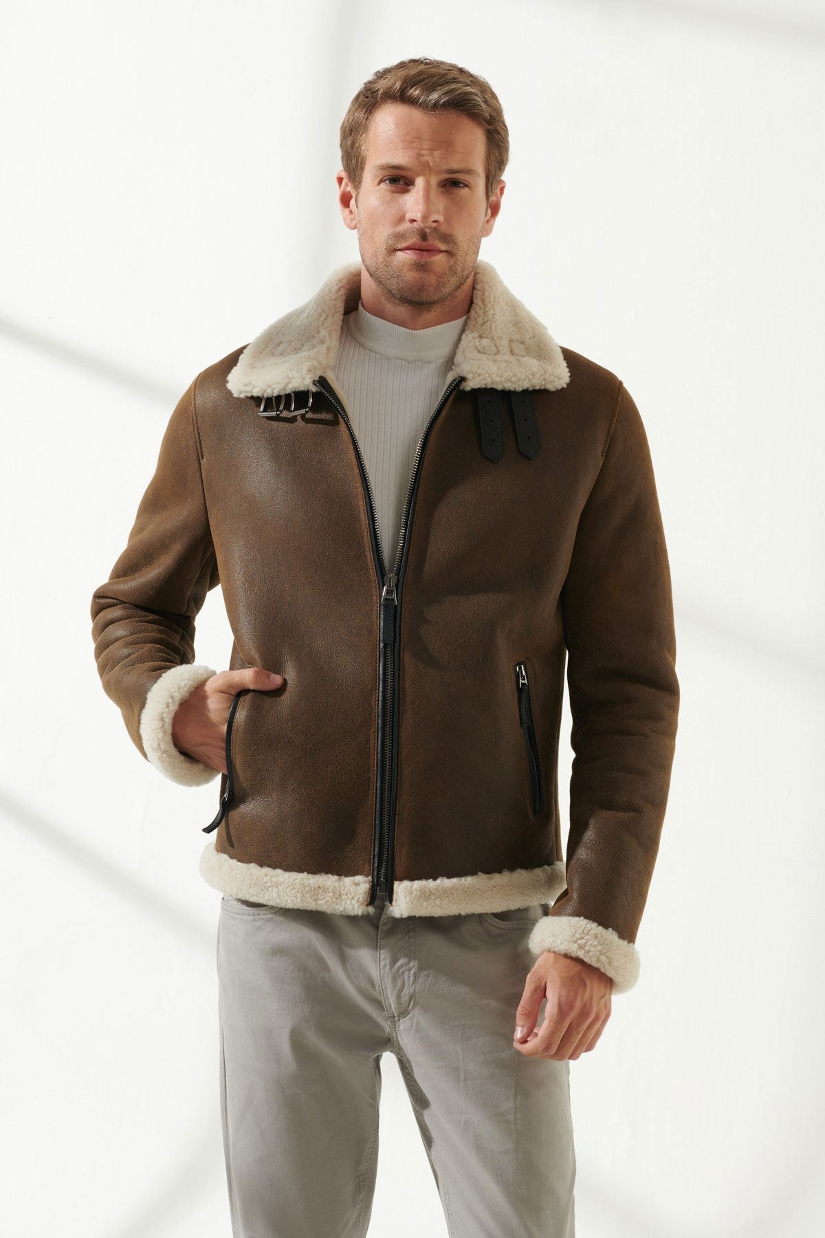 Men shearling leather jacket front view