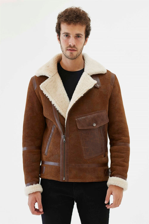 men aviator off white shearling fur jacket