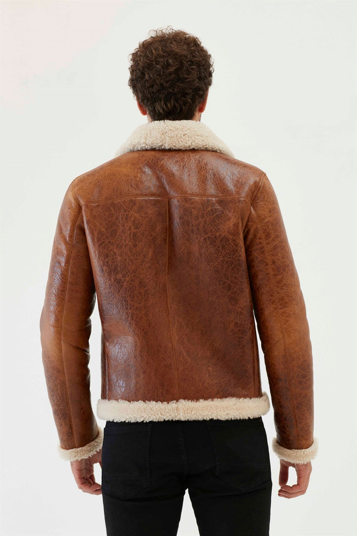 Back view of brown aviator shearling jacket