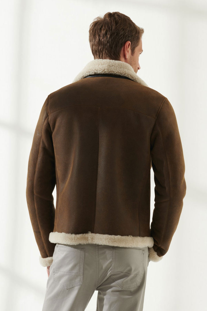 back view of mens shearling leather jacket