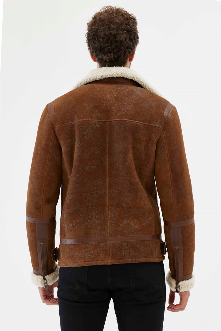 back view of men aviator off white shearling fur jacket
