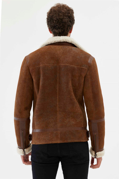 back view of men aviator off white shearling fur jacket