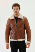 men wearing brown shearling jacket on white background