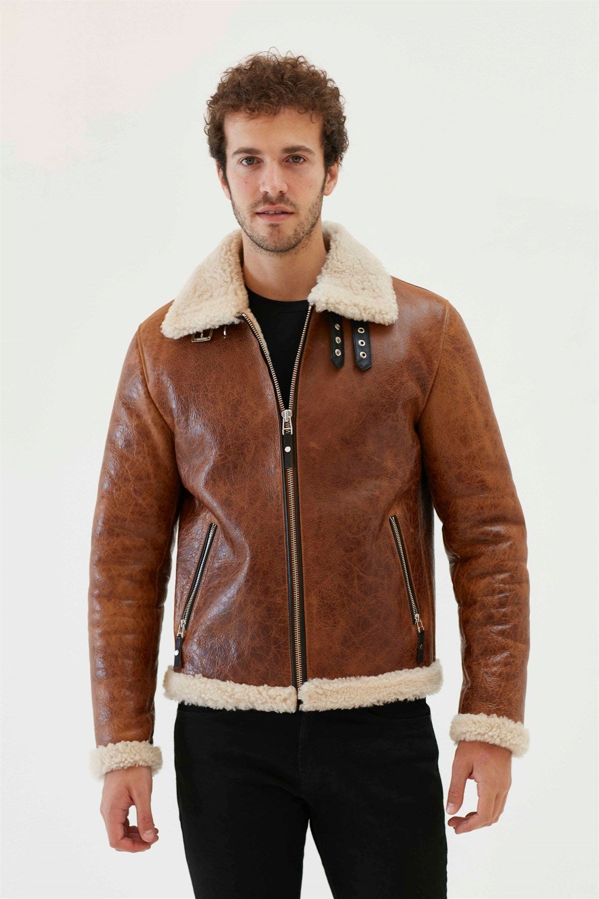 men wearing brown shearling jacket on white background