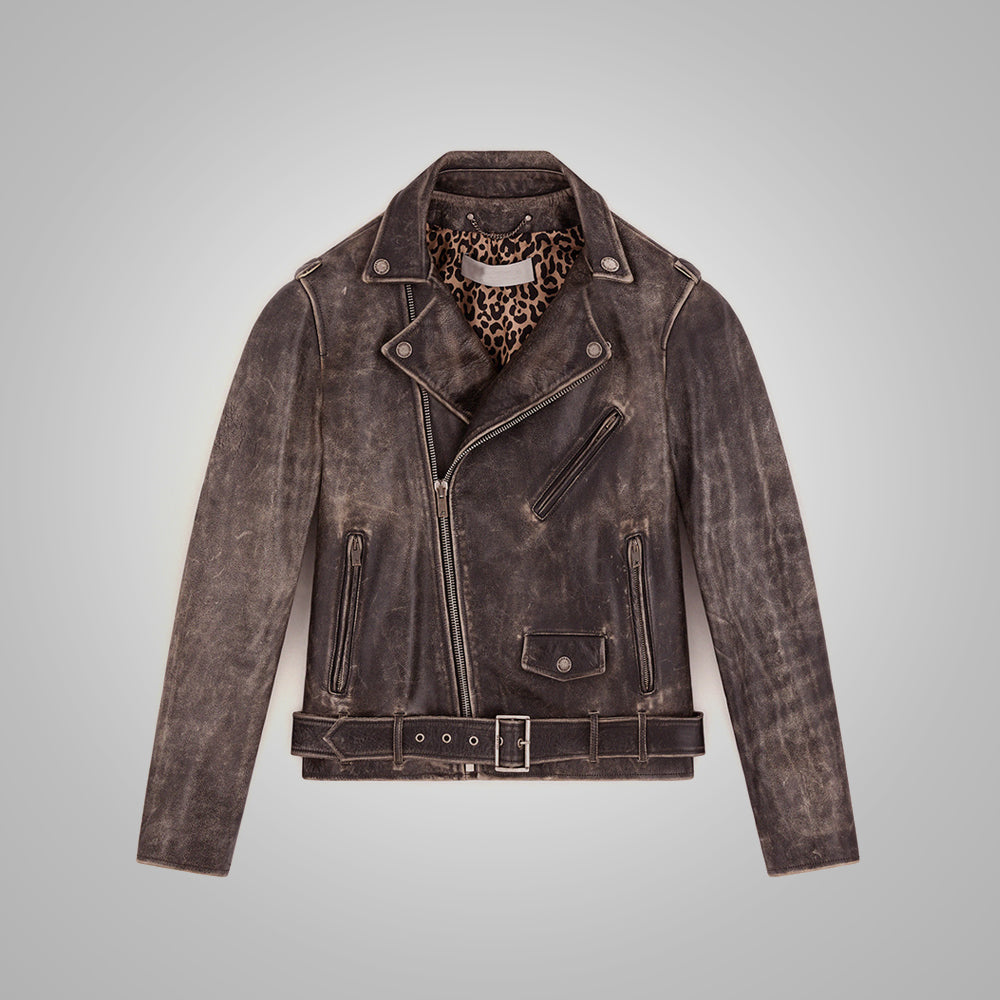 Brown leather jacket with a belt and leopard print bandana on a light gray background