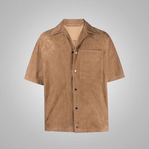 Men’s brown suede leather shirt with half sleeves – front view