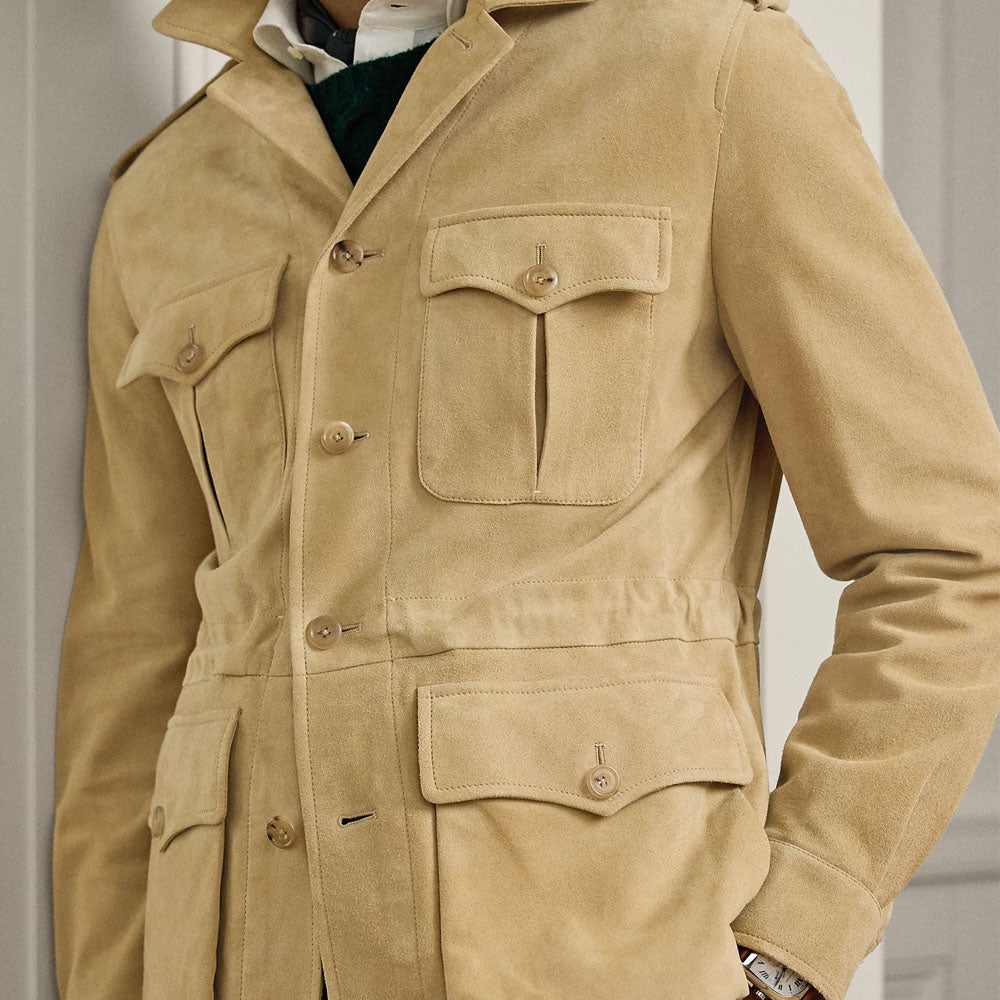 Men's Suede Leather Utility Jacket in Beige 