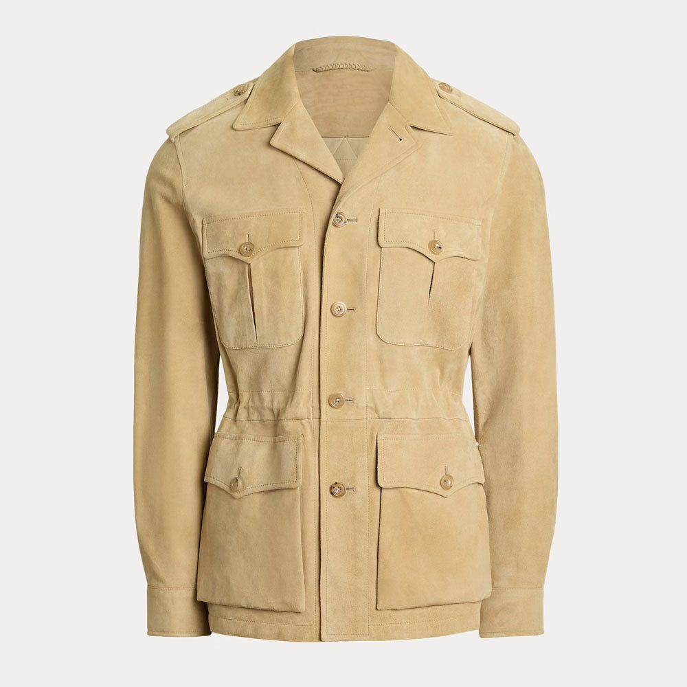 A beige suede military-style jacket with flap pockets and button closures, displayed on a neutral light gray background.