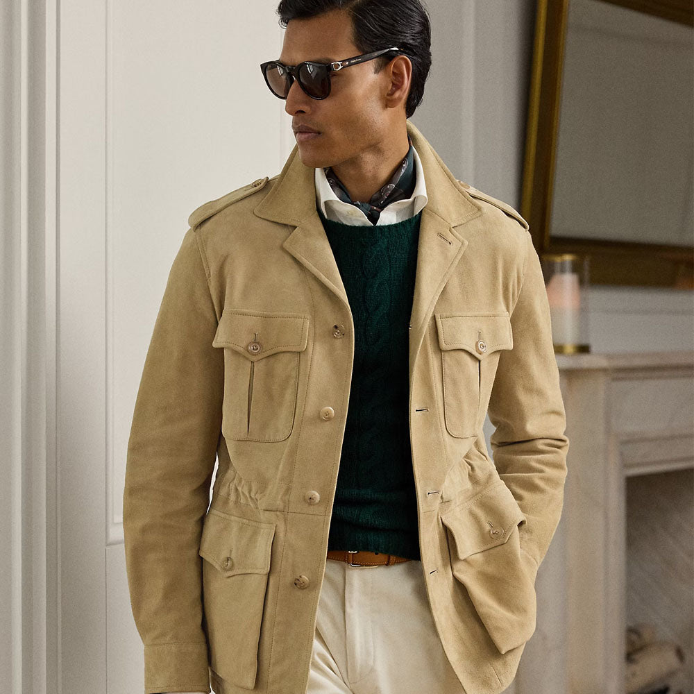 Men's Suede Leather Utility Jacket in Beige 