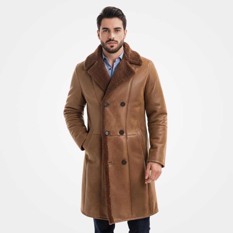Man wearing a brown shearling coat on a white background