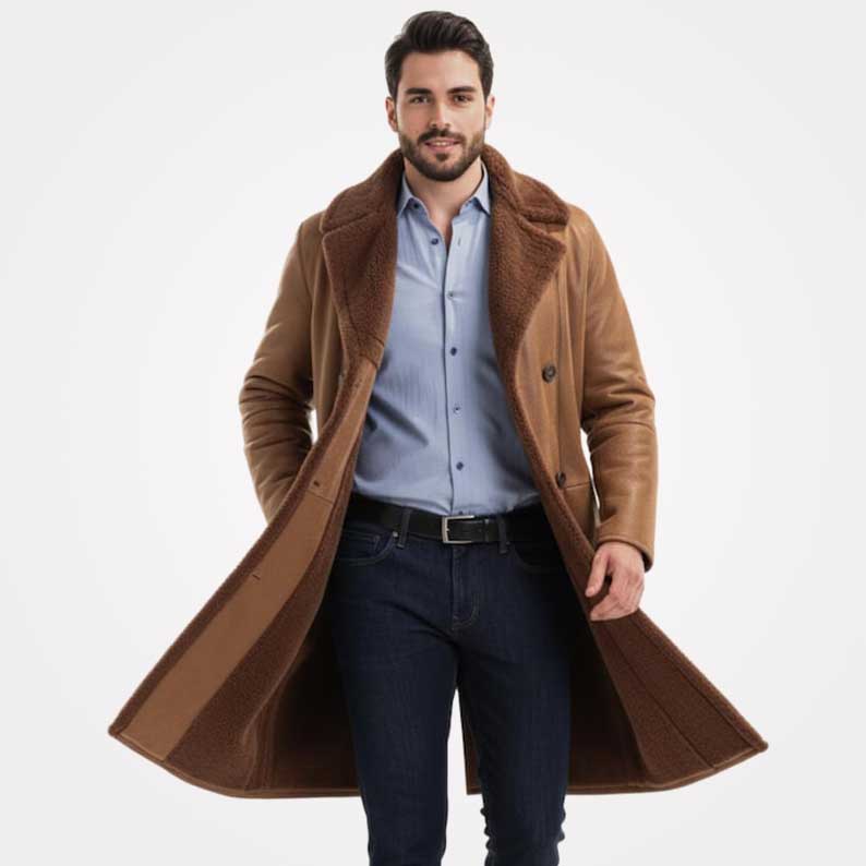 Man wearing a brown coat over a light blue shirt on a white background