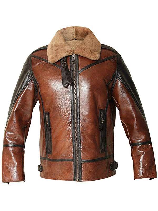 brown sheepskin leather jacket front view