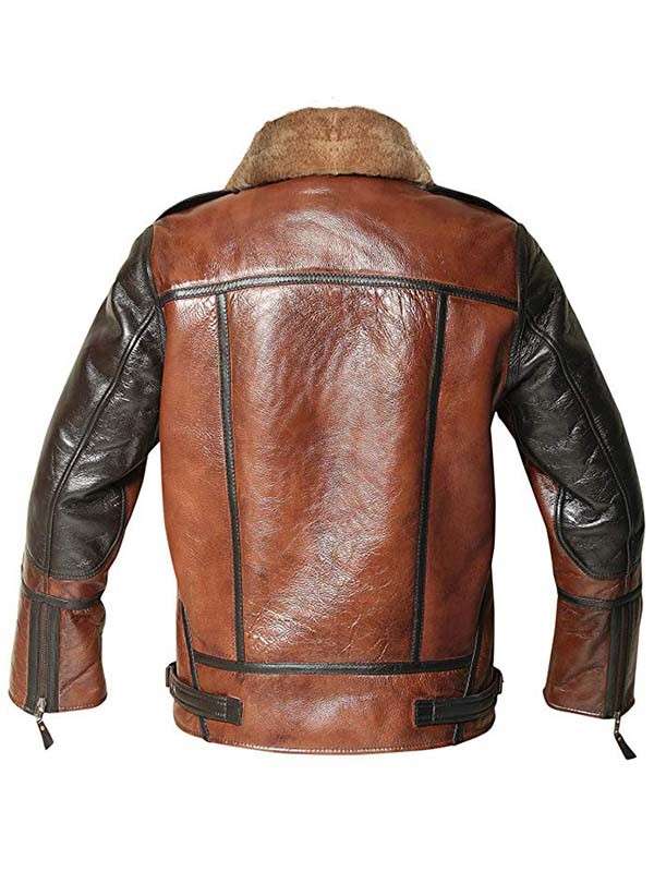 back view of brown sheepskin leather jacket