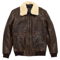Brown leather jacket with cream fur collar on a white background