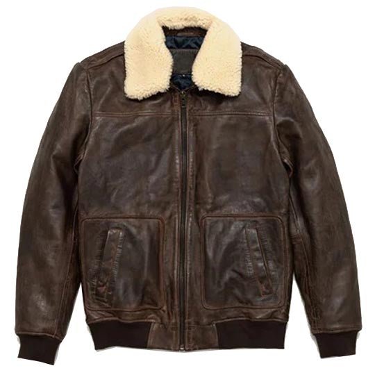 Brown leather jacket with cream fur collar on a white background