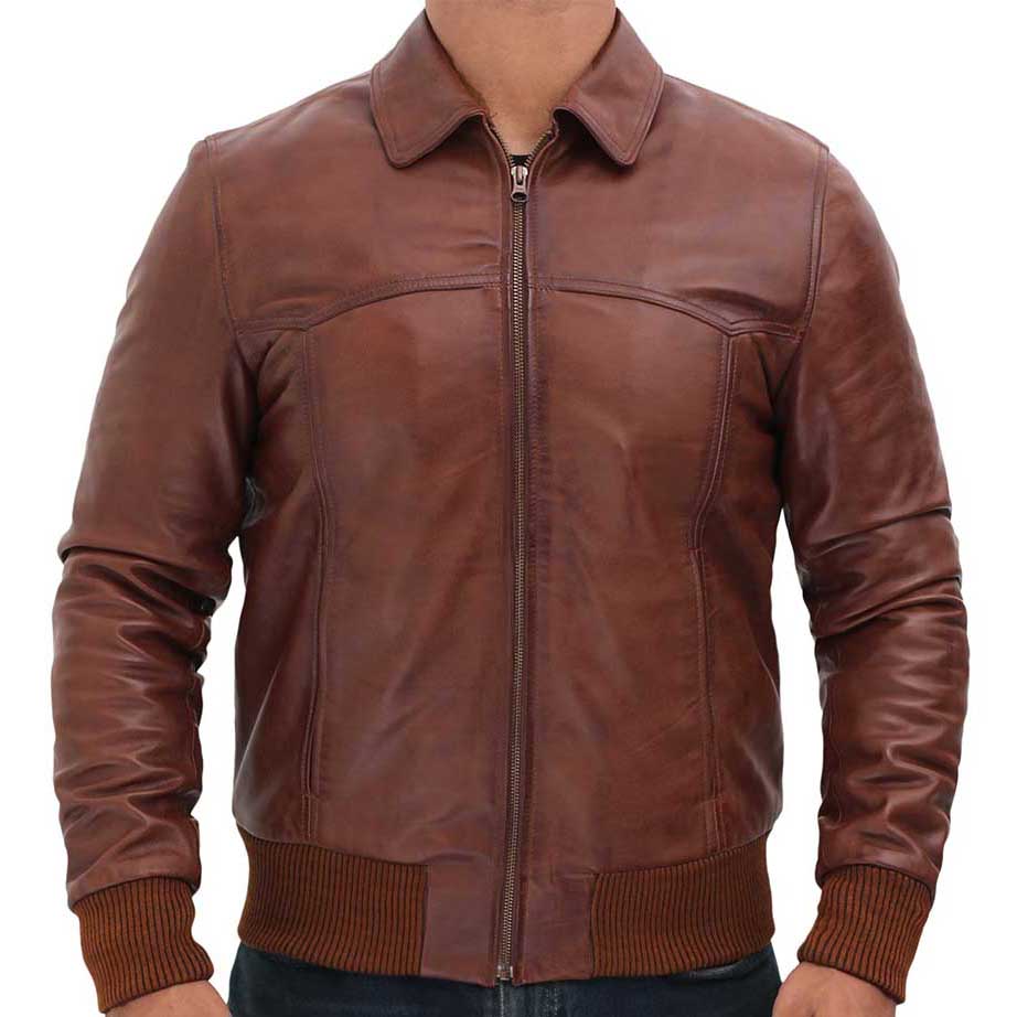 Brown leather jacket on a white background