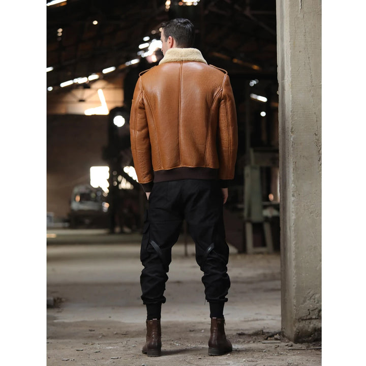 back view of sheepskin shearling jacket