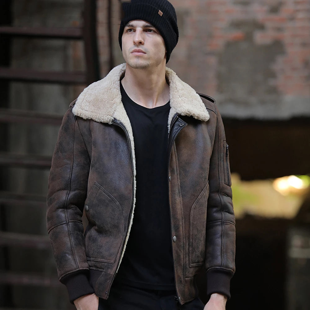 Front view of vintage RF Shearling leather jacket