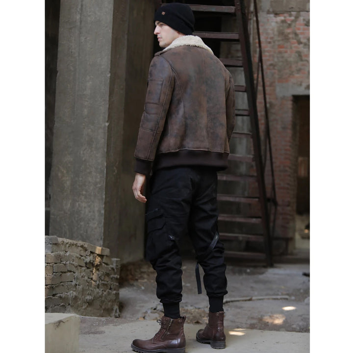 Back view of vintage RF Shearling leather jacket