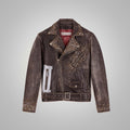 Brown leather jacket with studded details on a gray background