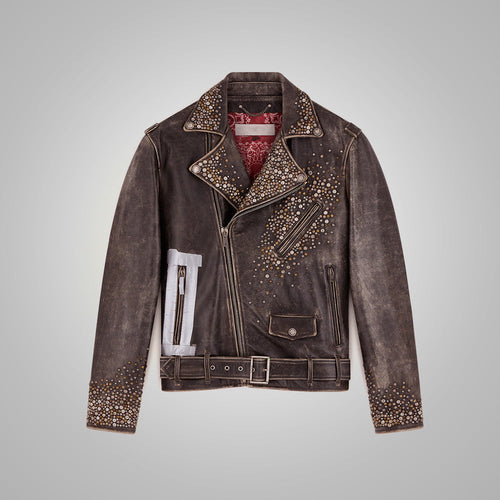 Brown leather jacket with studded details on a gray background