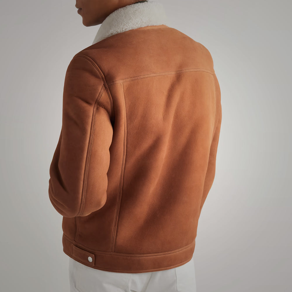 Brown Nubuck Trucker Leather Jacket For Men